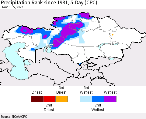 Kazakhstan Precipitation Rank since 1981, 5-Day (CPC) Thematic Map For 11/1/2022 - 11/5/2022