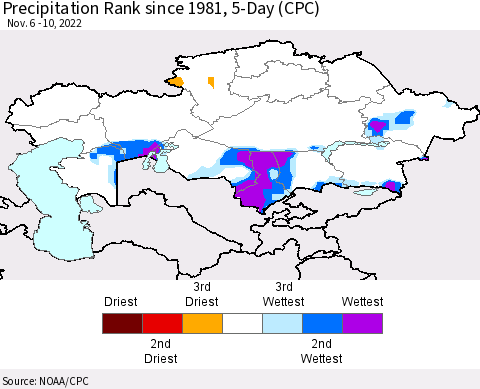 Kazakhstan Precipitation Rank since 1981, 5-Day (CPC) Thematic Map For 11/6/2022 - 11/10/2022