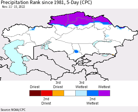 Kazakhstan Precipitation Rank since 1981, 5-Day (CPC) Thematic Map For 11/11/2022 - 11/15/2022