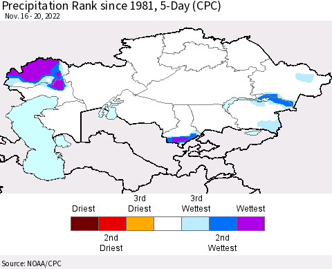 Kazakhstan Precipitation Rank since 1981, 5-Day (CPC) Thematic Map For 11/16/2022 - 11/20/2022
