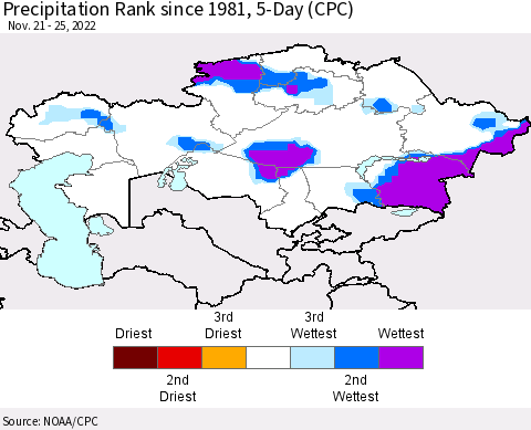Kazakhstan Precipitation Rank since 1981, 5-Day (CPC) Thematic Map For 11/21/2022 - 11/25/2022
