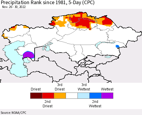 Kazakhstan Precipitation Rank since 1981, 5-Day (CPC) Thematic Map For 11/26/2022 - 11/30/2022