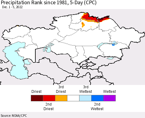 Kazakhstan Precipitation Rank since 1981, 5-Day (CPC) Thematic Map For 12/1/2022 - 12/5/2022