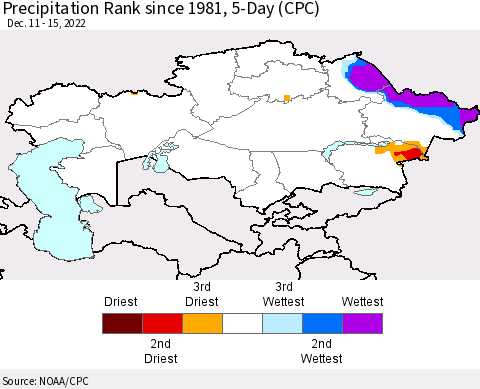 Kazakhstan Precipitation Rank since 1981, 5-Day (CPC) Thematic Map For 12/11/2022 - 12/15/2022