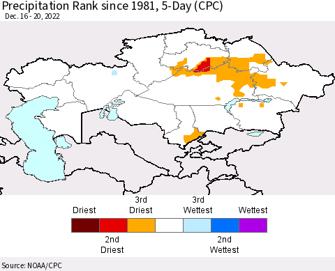 Kazakhstan Precipitation Rank since 1981, 5-Day (CPC) Thematic Map For 12/16/2022 - 12/20/2022