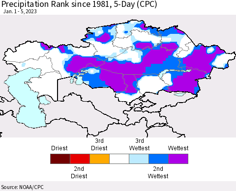 Kazakhstan Precipitation Rank since 1981, 5-Day (CPC) Thematic Map For 1/1/2023 - 1/5/2023
