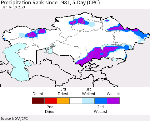 Kazakhstan Precipitation Rank since 1981, 5-Day (CPC) Thematic Map For 1/6/2023 - 1/10/2023