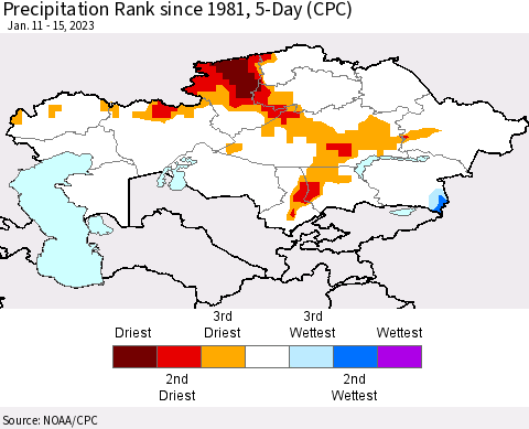 Kazakhstan Precipitation Rank since 1981, 5-Day (CPC) Thematic Map For 1/11/2023 - 1/15/2023