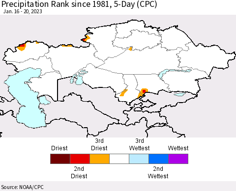 Kazakhstan Precipitation Rank since 1981, 5-Day (CPC) Thematic Map For 1/16/2023 - 1/20/2023