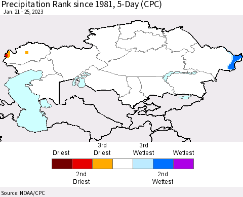 Kazakhstan Precipitation Rank since 1981, 5-Day (CPC) Thematic Map For 1/21/2023 - 1/25/2023