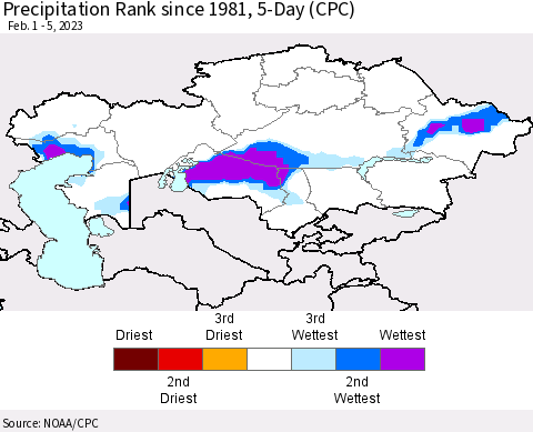 Kazakhstan Precipitation Rank since 1981, 5-Day (CPC) Thematic Map For 2/1/2023 - 2/5/2023