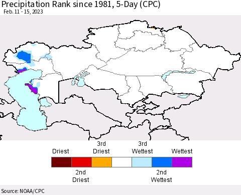 Kazakhstan Precipitation Rank since 1981, 5-Day (CPC) Thematic Map For 2/11/2023 - 2/15/2023