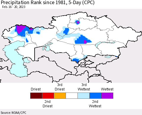 Kazakhstan Precipitation Rank since 1981, 5-Day (CPC) Thematic Map For 2/16/2023 - 2/20/2023