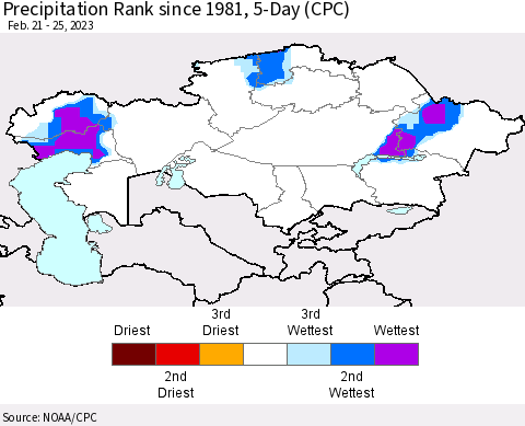 Kazakhstan Precipitation Rank since 1981, 5-Day (CPC) Thematic Map For 2/21/2023 - 2/25/2023