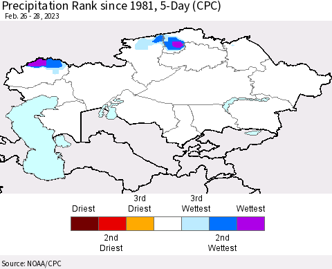 Kazakhstan Precipitation Rank since 1981, 5-Day (CPC) Thematic Map For 2/26/2023 - 2/28/2023