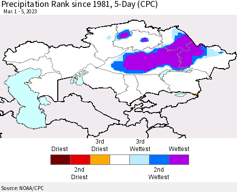 Kazakhstan Precipitation Rank since 1981, 5-Day (CPC) Thematic Map For 3/1/2023 - 3/5/2023