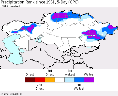 Kazakhstan Precipitation Rank since 1981, 5-Day (CPC) Thematic Map For 3/6/2023 - 3/10/2023