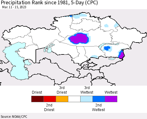 Kazakhstan Precipitation Rank since 1981, 5-Day (CPC) Thematic Map For 3/11/2023 - 3/15/2023