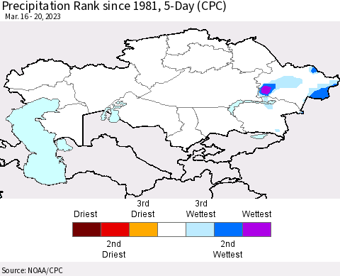 Kazakhstan Precipitation Rank since 1981, 5-Day (CPC) Thematic Map For 3/16/2023 - 3/20/2023