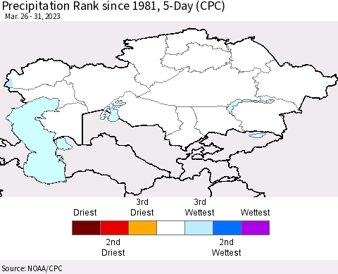 Kazakhstan Precipitation Rank since 1981, 5-Day (CPC) Thematic Map For 3/26/2023 - 3/31/2023