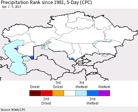 Kazakhstan Precipitation Rank since 1981, 5-Day (CPC) Thematic Map For 4/1/2023 - 4/5/2023