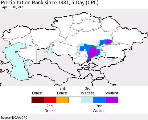 Kazakhstan Precipitation Rank since 1981, 5-Day (CPC) Thematic Map For 4/6/2023 - 4/10/2023