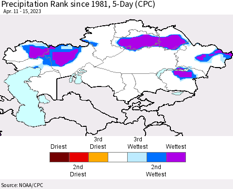 Kazakhstan Precipitation Rank since 1981, 5-Day (CPC) Thematic Map For 4/11/2023 - 4/15/2023