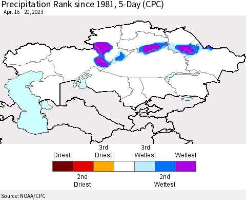 Kazakhstan Precipitation Rank since 1981, 5-Day (CPC) Thematic Map For 4/16/2023 - 4/20/2023