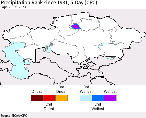 Kazakhstan Precipitation Rank since 1981, 5-Day (CPC) Thematic Map For 4/21/2023 - 4/25/2023