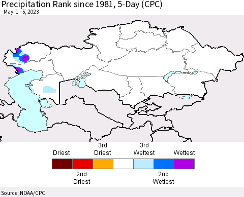 Kazakhstan Precipitation Rank since 1981, 5-Day (CPC) Thematic Map For 5/1/2023 - 5/5/2023