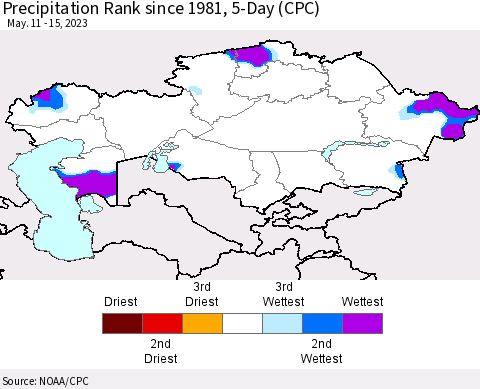 Kazakhstan Precipitation Rank since 1981, 5-Day (CPC) Thematic Map For 5/11/2023 - 5/15/2023