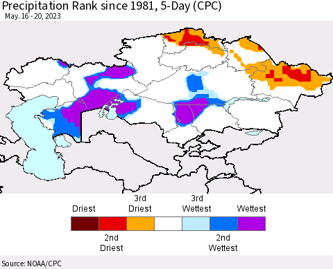 Kazakhstan Precipitation Rank since 1981, 5-Day (CPC) Thematic Map For 5/16/2023 - 5/20/2023