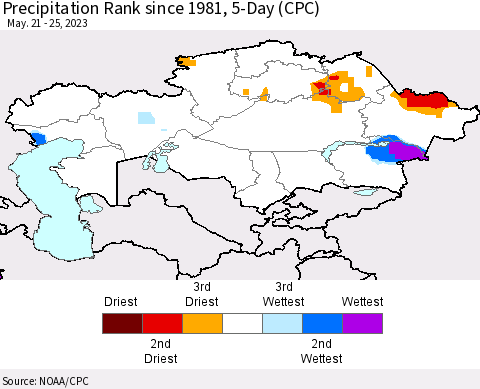 Kazakhstan Precipitation Rank since 1981, 5-Day (CPC) Thematic Map For 5/21/2023 - 5/25/2023