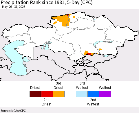Kazakhstan Precipitation Rank since 1981, 5-Day (CPC) Thematic Map For 5/26/2023 - 5/31/2023