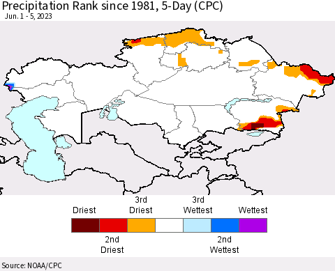 Kazakhstan Precipitation Rank since 1981, 5-Day (CPC) Thematic Map For 6/1/2023 - 6/5/2023