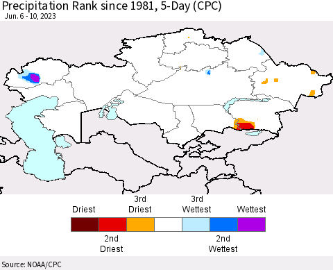 Kazakhstan Precipitation Rank since 1981, 5-Day (CPC) Thematic Map For 6/6/2023 - 6/10/2023