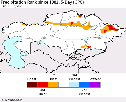 Kazakhstan Precipitation Rank since 1981, 5-Day (CPC) Thematic Map For 6/11/2023 - 6/15/2023