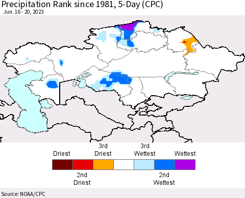 Kazakhstan Precipitation Rank since 1981, 5-Day (CPC) Thematic Map For 6/16/2023 - 6/20/2023