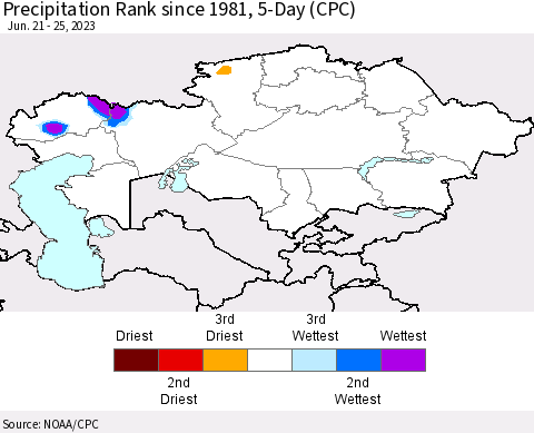Kazakhstan Precipitation Rank since 1981, 5-Day (CPC) Thematic Map For 6/21/2023 - 6/25/2023