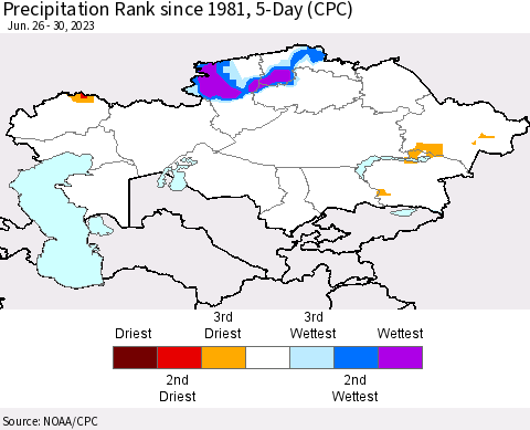 Kazakhstan Precipitation Rank since 1981, 5-Day (CPC) Thematic Map For 6/26/2023 - 6/30/2023