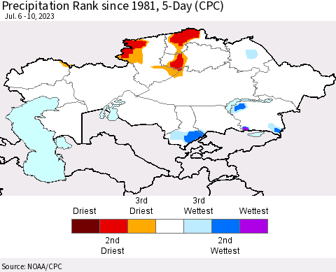 Kazakhstan Precipitation Rank since 1981, 5-Day (CPC) Thematic Map For 7/6/2023 - 7/10/2023