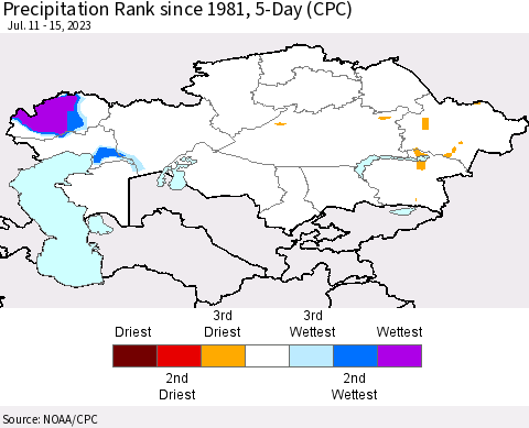 Kazakhstan Precipitation Rank since 1981, 5-Day (CPC) Thematic Map For 7/11/2023 - 7/15/2023