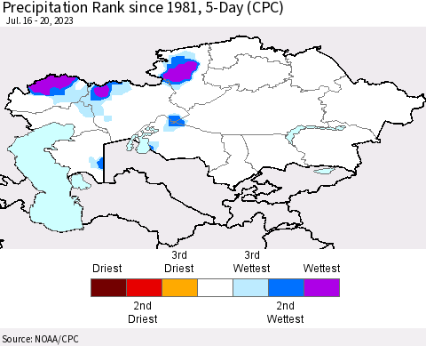 Kazakhstan Precipitation Rank since 1981, 5-Day (CPC) Thematic Map For 7/16/2023 - 7/20/2023