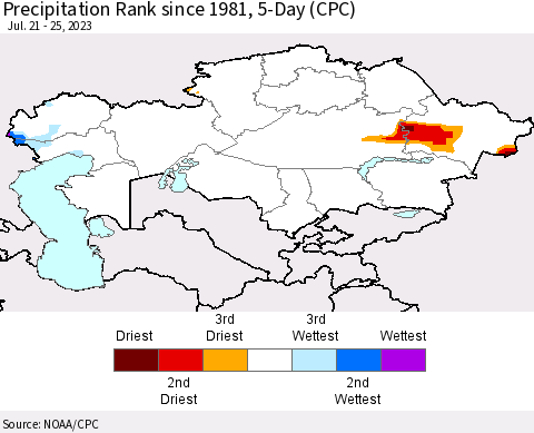 Kazakhstan Precipitation Rank since 1981, 5-Day (CPC) Thematic Map For 7/21/2023 - 7/25/2023
