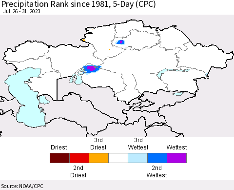 Kazakhstan Precipitation Rank since 1981, 5-Day (CPC) Thematic Map For 7/26/2023 - 7/31/2023