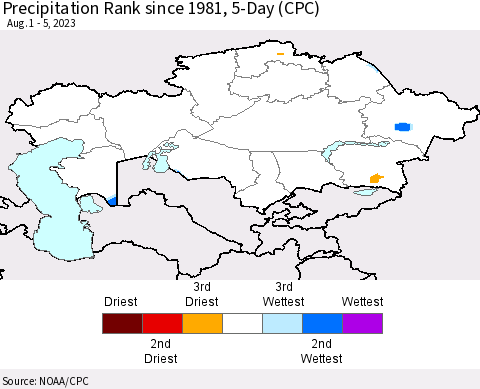 Kazakhstan Precipitation Rank since 1981, 5-Day (CPC) Thematic Map For 8/1/2023 - 8/5/2023