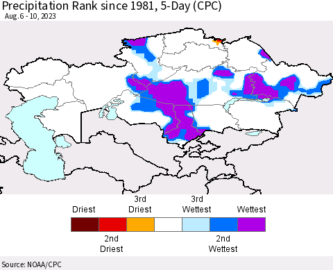 Kazakhstan Precipitation Rank since 1981, 5-Day (CPC) Thematic Map For 8/6/2023 - 8/10/2023