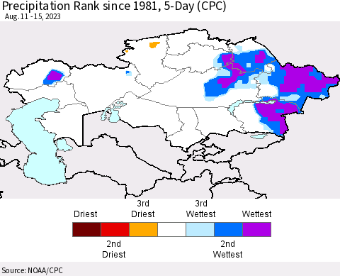Kazakhstan Precipitation Rank since 1981, 5-Day (CPC) Thematic Map For 8/11/2023 - 8/15/2023