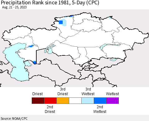 Kazakhstan Precipitation Rank since 1981, 5-Day (CPC) Thematic Map For 8/21/2023 - 8/25/2023