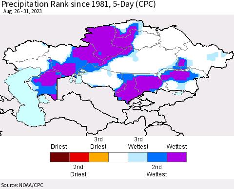 Kazakhstan Precipitation Rank since 1981, 5-Day (CPC) Thematic Map For 8/26/2023 - 8/31/2023